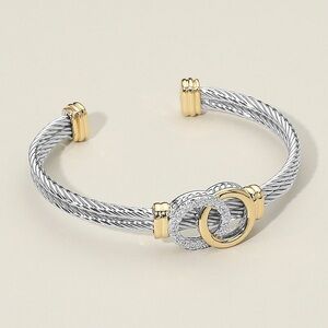 14K Gold Plated Two Tone CZ Stone Paved Interlocking Accent Cable Cuff Bracelet